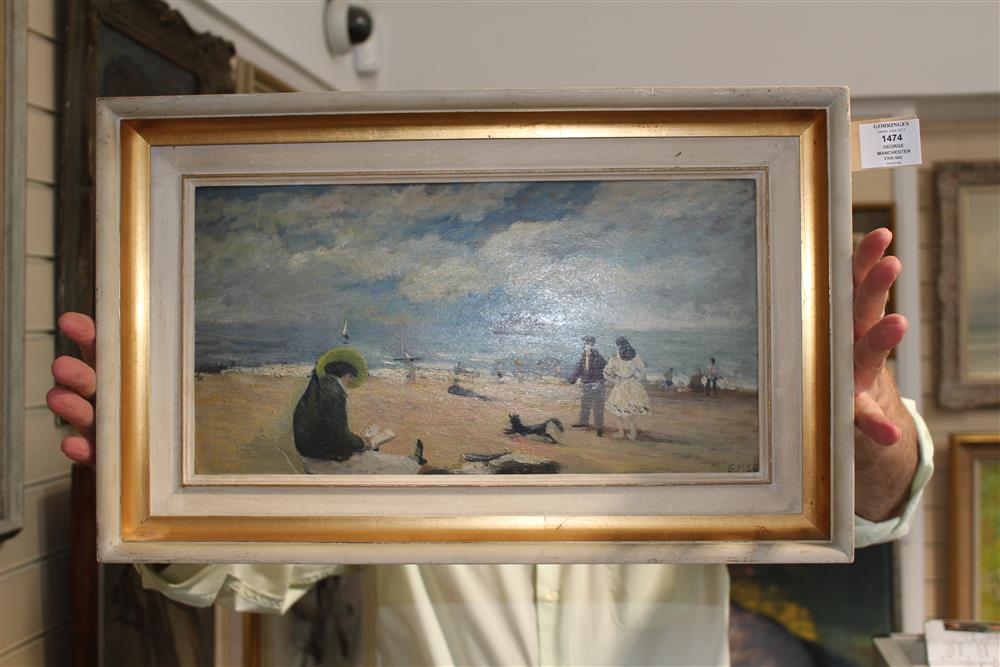 George Manchester (1922-1996), oil on board, Seascape, initialled and dated 56, 20 x 40cm